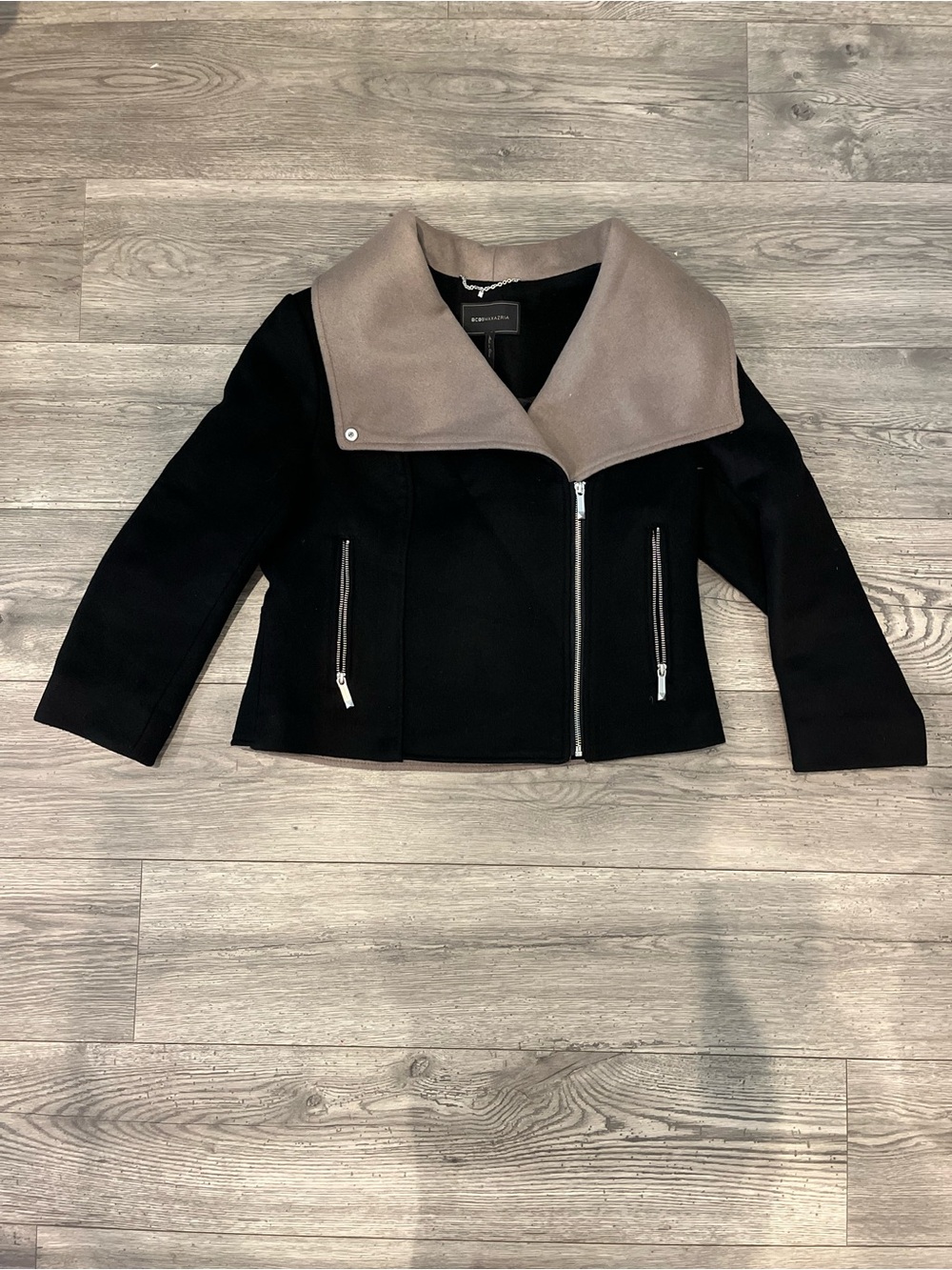 BCBGMaxAzria Hilary Moto Jacket Women’s Colorblock Brown Black Silver Large Wool